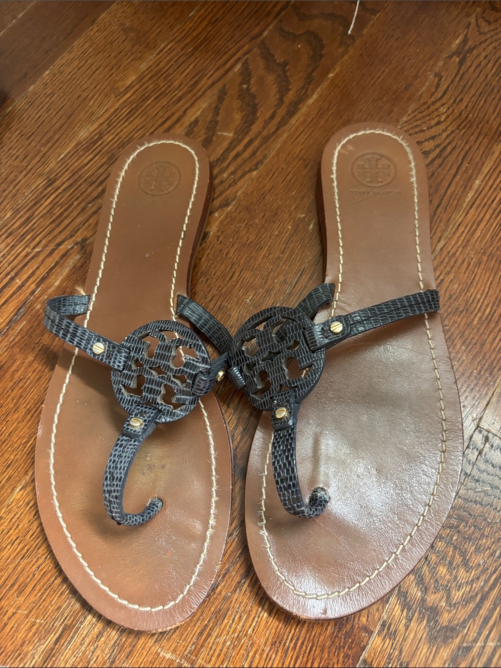 Tory Burch Black Logo Thong Sandals with Brown Footbed